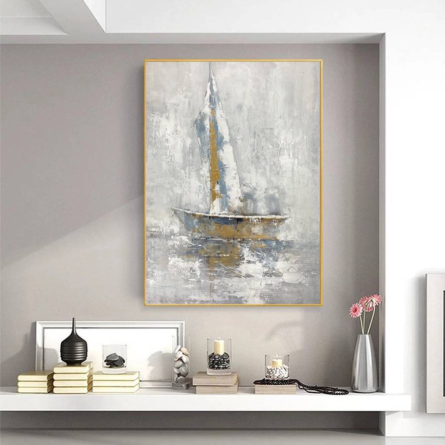 Grey Hand-painted Leaf Textured Abstract Canvas Wall Art 980G6